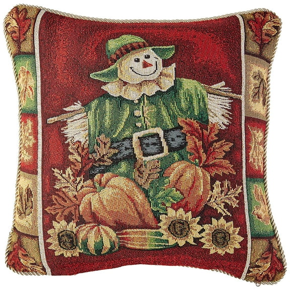 Violet Linen Fall Harvest Thanksgiving Autumn Leaves Sunflowers Fruits Pumpkins Tapestry Pattern, Polyester Cotton Woven Tapestry , Scarecrow, 18 Inch x 18 Inch, Decorative Throw Pillow Cover