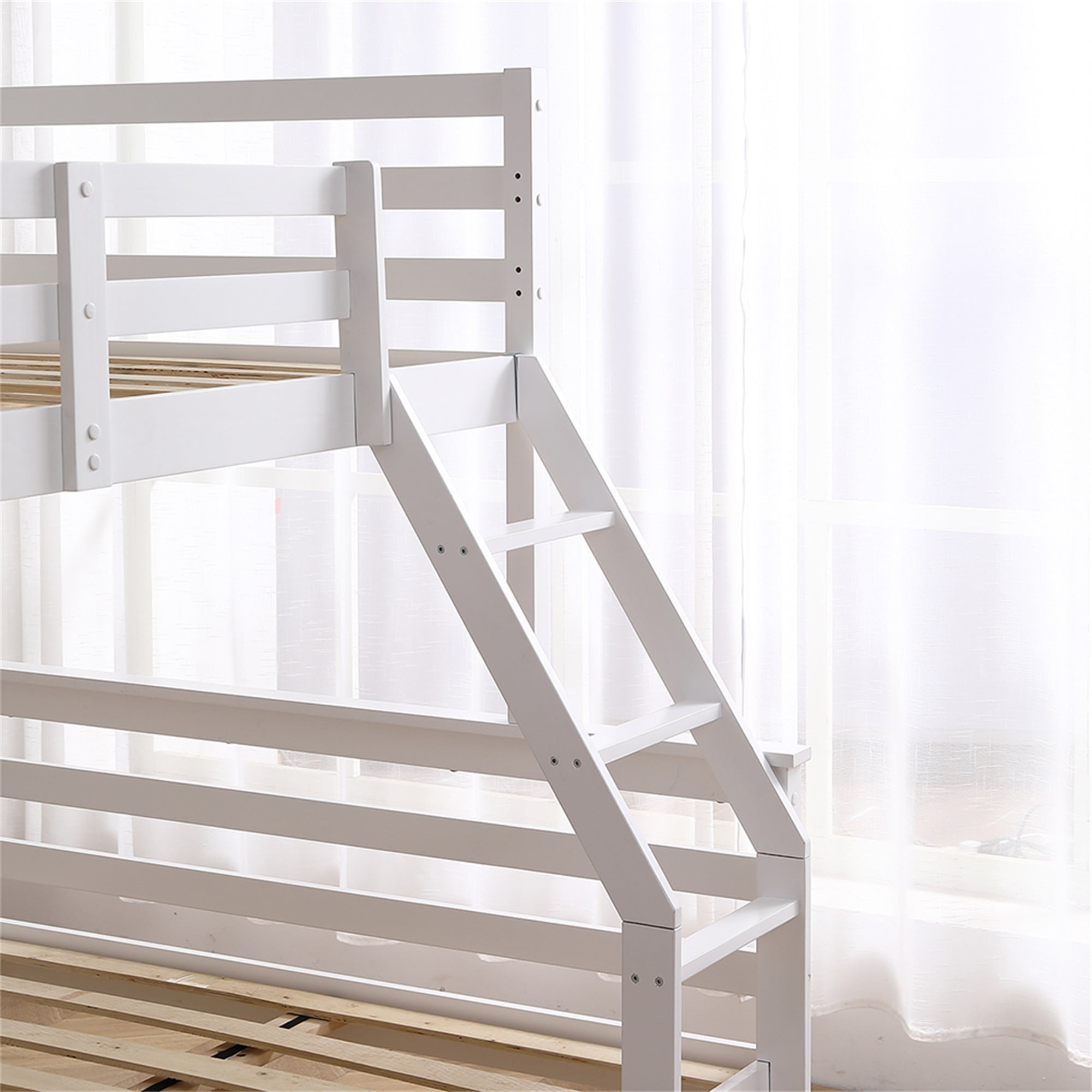Kadyn Bunk Low Bed with Ladder, Wooden Bunk Bed with Safety Rails for Kids, Teens, Bedroom Furniture that Detaches into a Single Bunk, White Solid Wood Bunk Bed