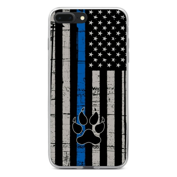 DistinctInk Clear Shockproof Hybrid Case for iPhone 7 PLUS / 8 PLUS (5.5" Screen) - TPU Bumper, Acrylic Back, Tempered Glass Screen Protector - Thin Blue Line US Flag K9 Dog Paw - First Responders