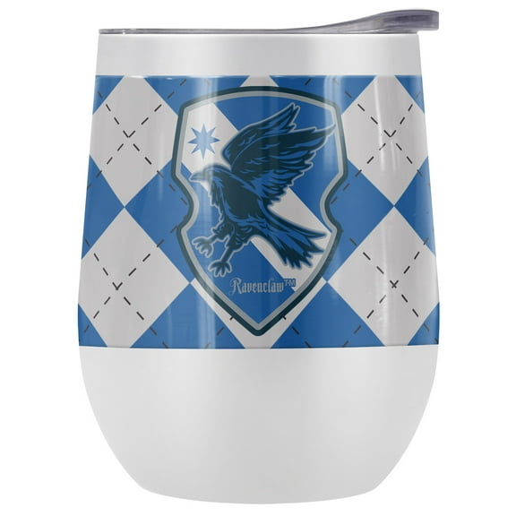 Harry Potter Official Ravenclaw Plaid Sigil 12 oz Stemless Tumbler, Stainless Steel Travel Cup|Lake Tumbler|Insulated with Leak Resistant Slide-Lock Lid, White