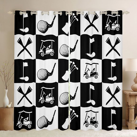 Feelyou Golf Lover Boy Black Out Curtains, Sports Gaming Gamer Curtains Pack of 2 (42x63 Each), Black White Plaid Check Bedroom Curtains, Curtains and Drapes Room Decor