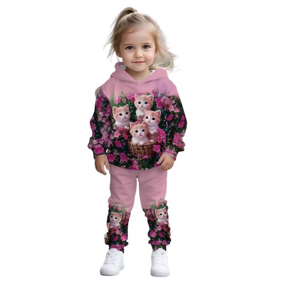 Glisme Girls Outfit Set Cat Flower Print Long Sleeve Hooded Tees With Pants Set Durable Wear Girls Outfit Size 1-2 Years Red