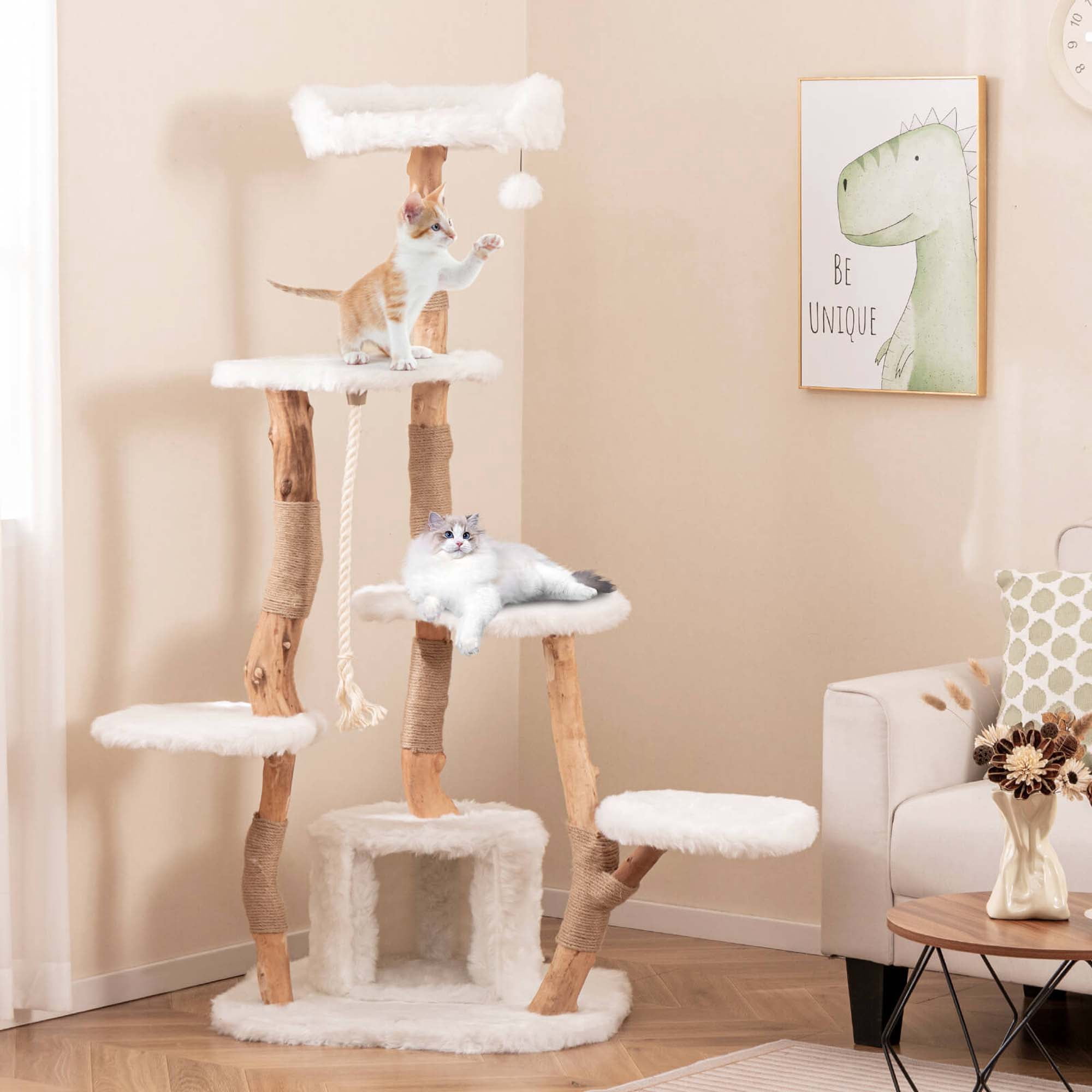Costway 66" Tall Solid Wood Cat Tree with Perch Condo Jute Scratching Posts Sisal Rope