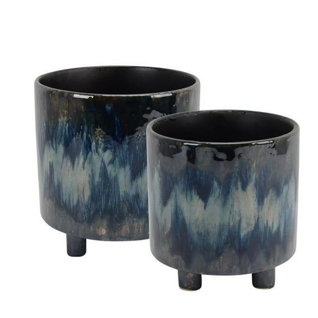 Benzara BM190473 Contemporary Style Ceramic Footed Planters with Cylindrical Shape - Multi Color - Set of 2