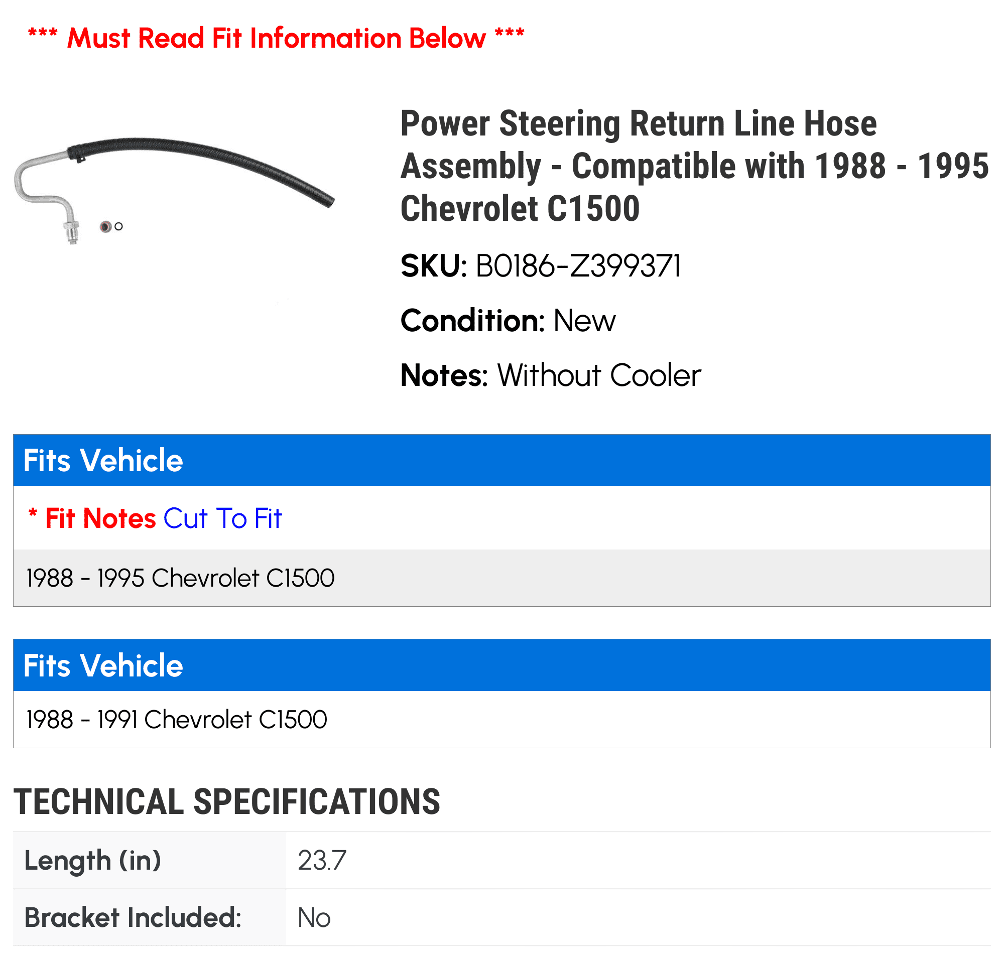 Power Steering Return Line Hose Assembly - Compatible with 1988 - 1995 Chevy C1500 1989 1990 1991 1992 1993 1994