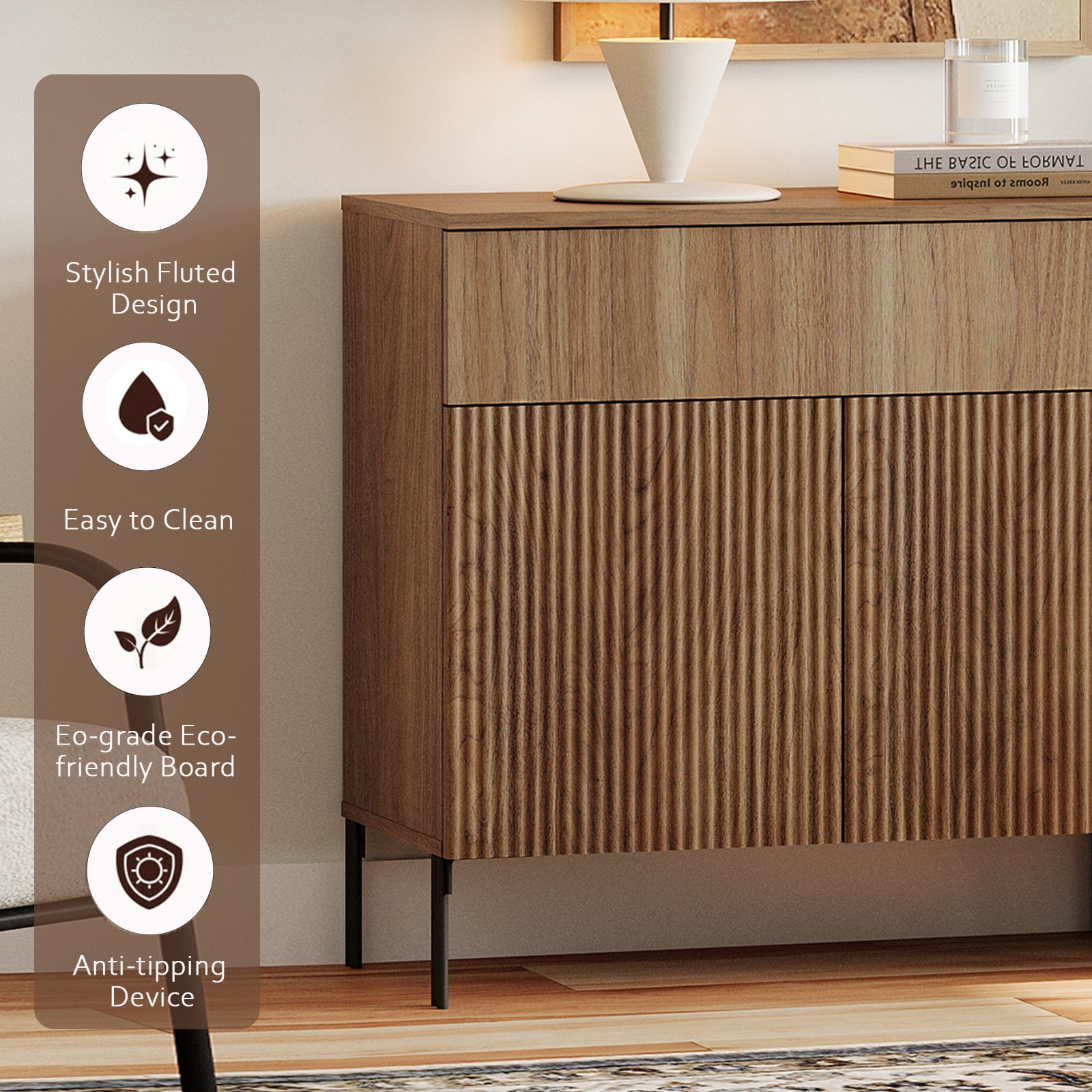 94.5" Reeded Accent Cabinet Set with Doors and Drawers, Modern Credenza Storage Cabinet with Metal Legs for Living Room, Kitchen, Dining Room, Hallway
