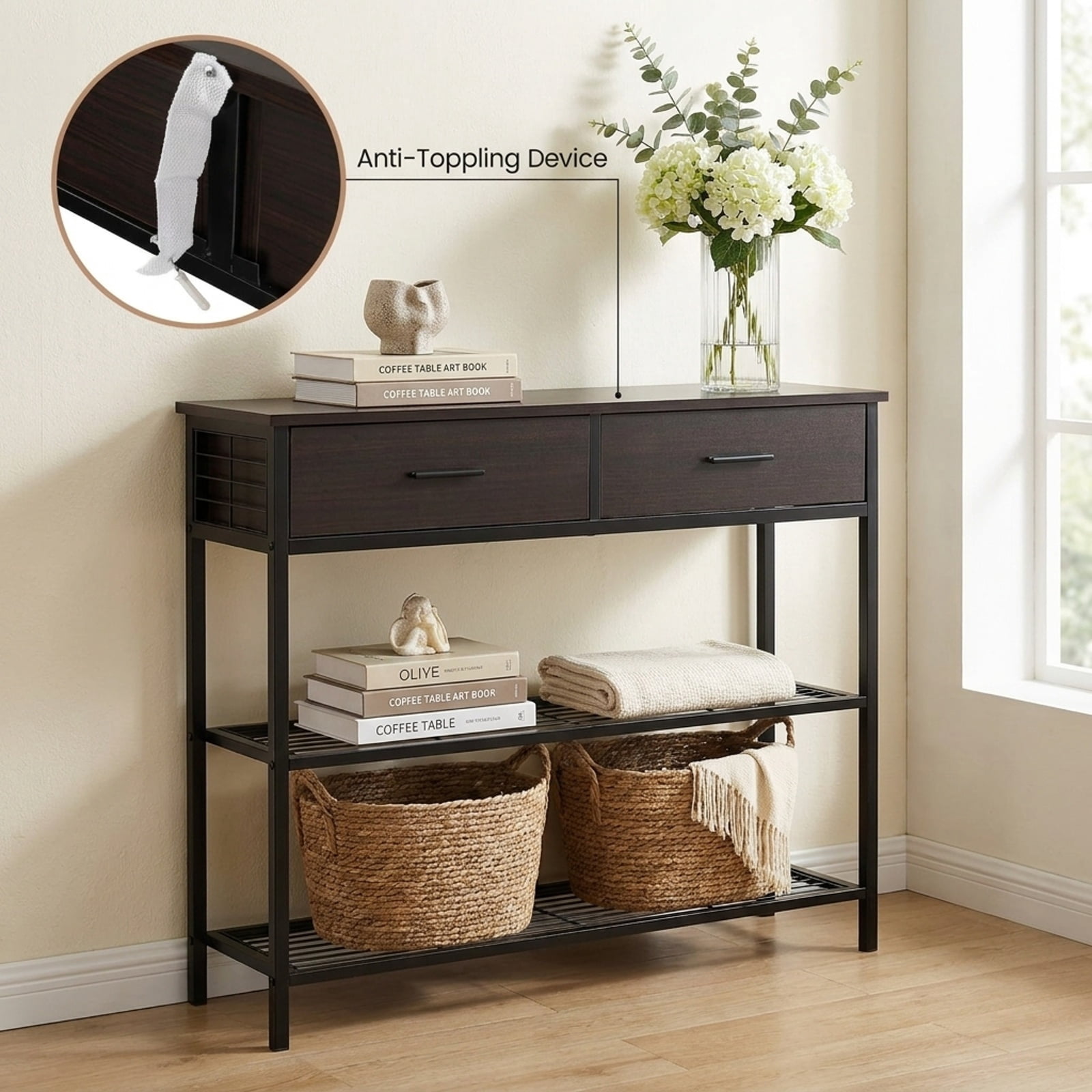 Furnibear 39.5 Inch Entryway Console Table with 2 Drawers and 2-Tier Metal Shelves for Living Room Hallway and Behind Sofa Storage, Dark Brown