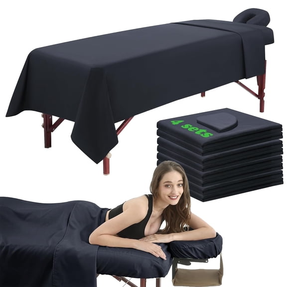 3 Piece Massage Table Sheets Set 4 Sets Microfiber Massage Bed Cover Soft Waterproof and Oil Proof Reusable for SPA Beauty Tattoos Includes Table Cover,Fitted Sheet and Face Rest Cover (Black)