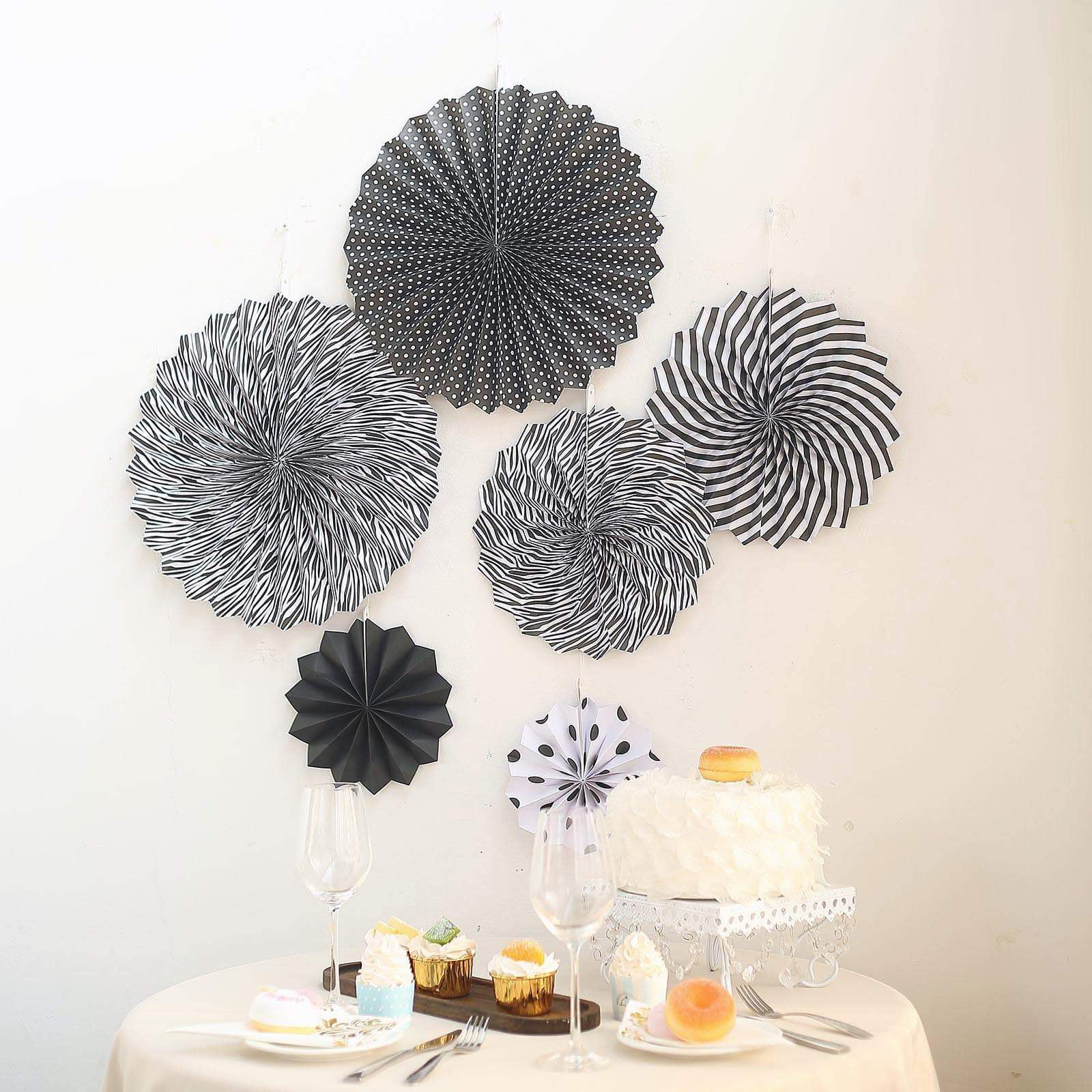 Set of 6 | Black | White Paper Fan Decorations | Paper Pinwheels Wall