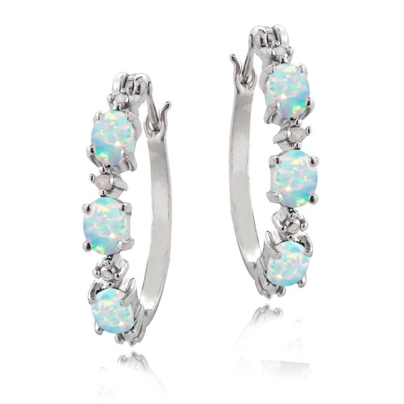 Sterling Silver Created Opal & Diamond Accent Oval Hoop Earrings
