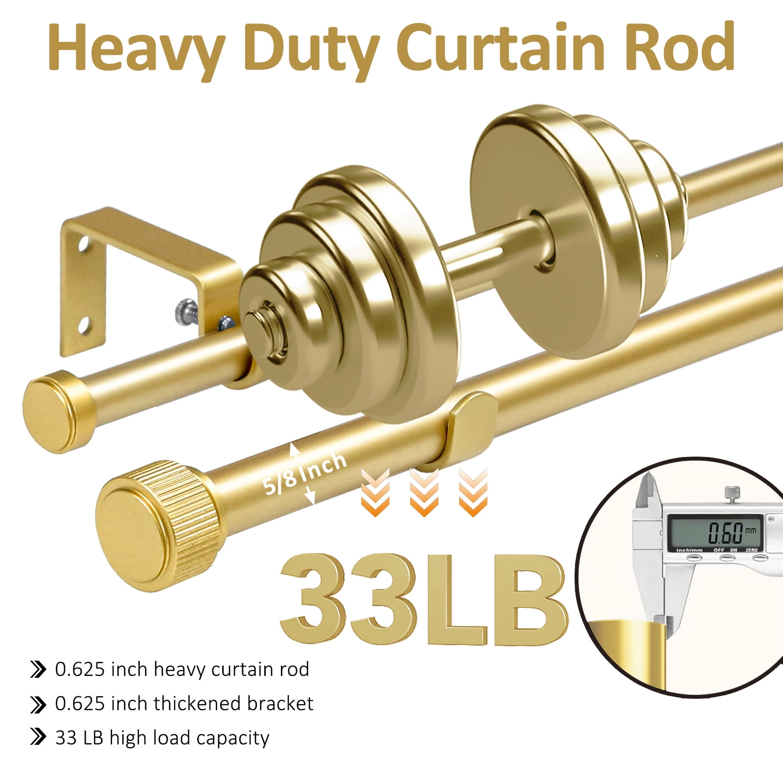 Ridicili 5/8 Inch Adjustable Double Drapery Curtain Rod Set with Vertical Cylinder Finials, 5/8 Inch Front and 1/2 Inch Back Double Window Drapery Rod, 28"-48", Matte Gold