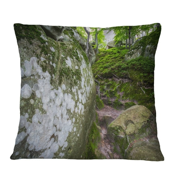 Designart Large Rocks in Deep Moss Forest - Landscape Printed Throw Pillow - 12x20