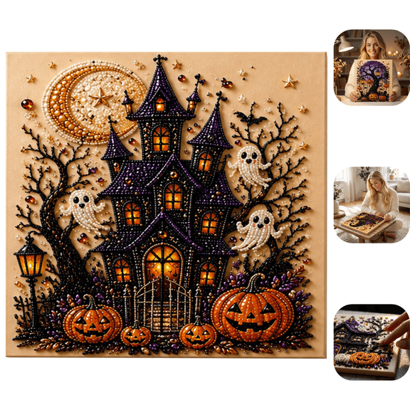 Halloween Ghost Pearl Art DIY Kit, 3D Pearl Mosaic Craft Set, 6 Styles Haunted House Ghost, Skeleton, Witch & Owl Tree Canvas, DIY Fall Home Decor Wall Art, Beginner DIY Seasonal Party Gift C 1Pc