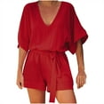 thumbnail image 2 of Fankiway Combishort à Manches Courtes à Lacets Col en V Uni pour Femmes, 2 of 8