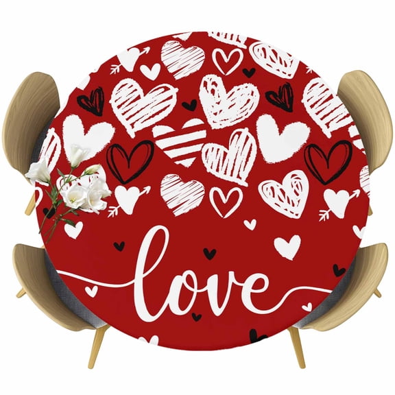 Red Love Valentines Round Tablecloth 36-44 Inch Round Fitted Table Cloth with Elastic Edge, Black White Love Heart Waterproof Table Cover Protector for Outdoor Picnic Party Dining