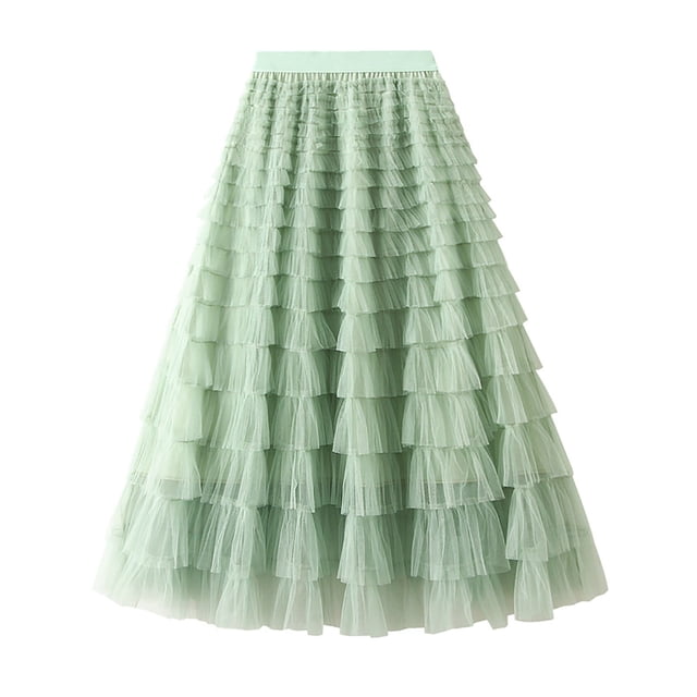Miqool Womens A-Line Skirt Mesh Layered Hem Multilayer Tiered Puffy Ruffles Tulle Midi Skirt