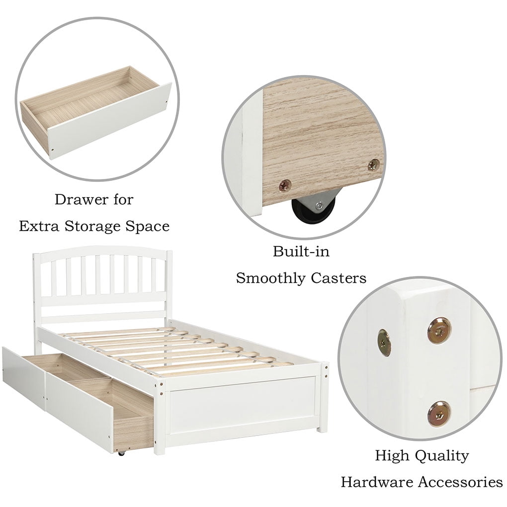 Home Twin Platform Storage Bed Wooden Slatted Bed Frame with 2 Drawers and Headboard White