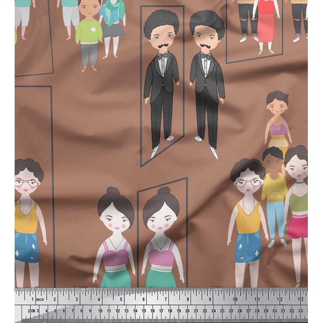Soimoi Brown Poly Georgette Fabric Mirror Theme Human Figure Decor Fabric Printed Yard 52 Inch Wide