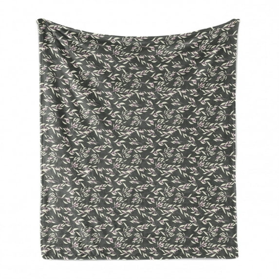 Floral Soft Flannel Fleece Blanket, Botanical Composition of Eucalyptus Flower Herbal Minimalistic Pattern, Cozy Plush for Indoor and Outdoor Use, 50" x 60", Charcoal Grey Baby Pink, by Ambesonne