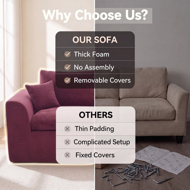Gewnee Loveseat Sofa, Modular Cloud Couch, Corduroy 2 Seater Sofa with Removable Covers, No Assembly Required,WINE RED