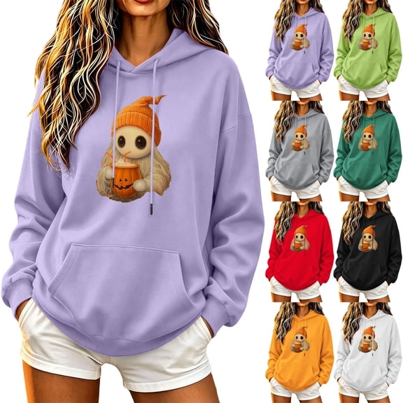 NSLGXD Funny Ghost Pumpkin Print Hoodies for Women Fall Halloween Cute Pocket Hooded Sweatshirt Loose Baggy Long Sleeve Oversized Tops S-XL