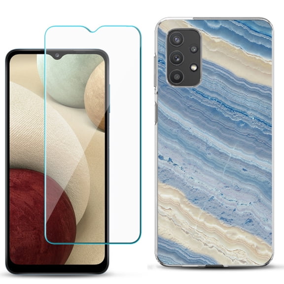 Slim-Fit TPU Phone Case compatible with Samsung Galaxy A32 5G, with Tempered Glass Screen Protector, by OneToughShield ® - Marble/ Marina Blue