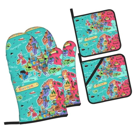 

Fotbe Cartoon Map Of Europe for 4Pcs Oven Mitts and Pot Holders 500℉ Heat Resistant Oven Mitts Non-Slip Silicone Surface Safe for Baking Cooking BBQ