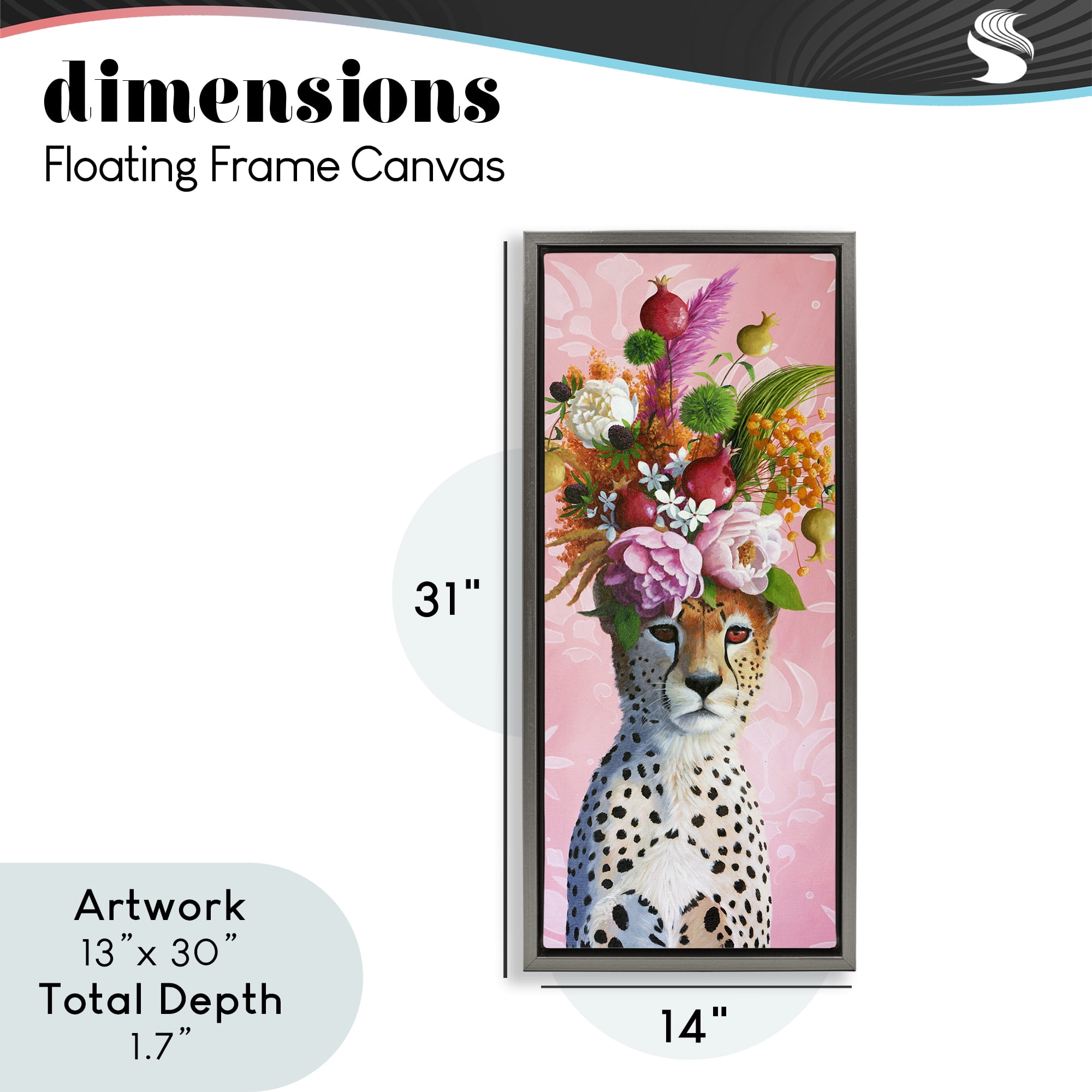Serious Cheetah & Florals Gray Framed Floater Canvas Wall Art, design by Heather Gauthier