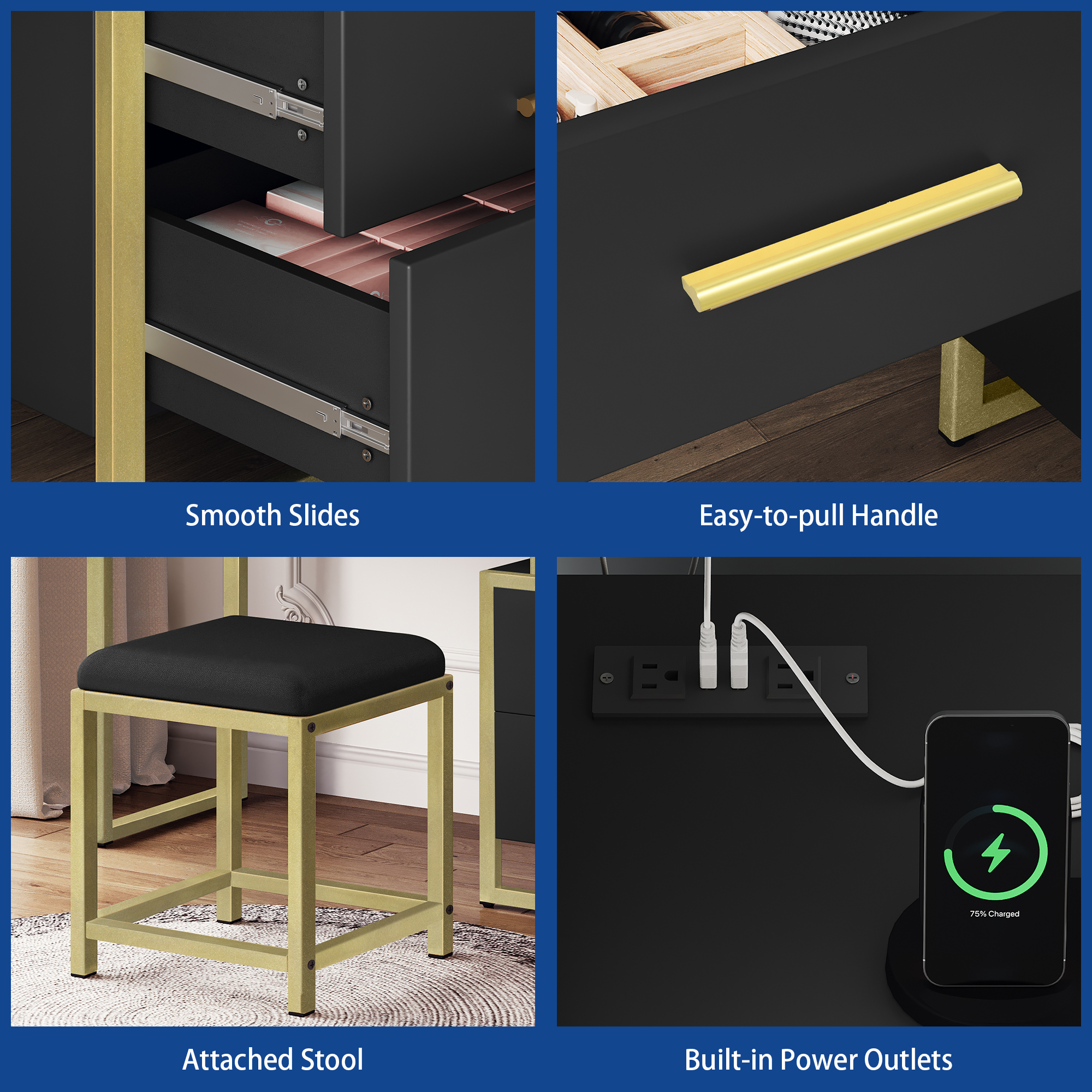 Uforic Black-Gold Makeup Vanity with Mirror and LED Lights