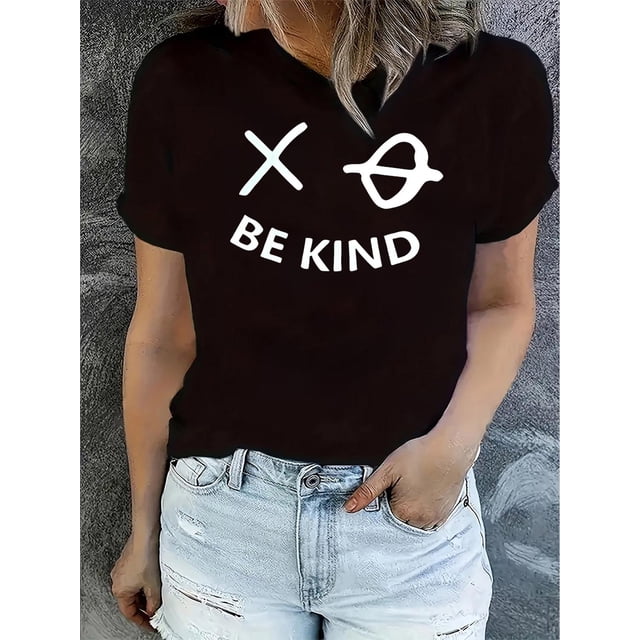 Camiseta informal y elegante con estampado de cara alegre para mujer: algodón suave y elástico, cuello redondo, manga corta, lavable a máquina, perfecta para verano y primavera. Top de moda para mujer