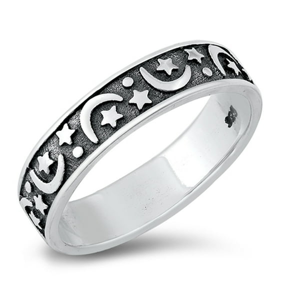 Oxidized Crescent Moon Star Ring .925 Sterling Silver Band Jewelry Female Male Unisex Size 7