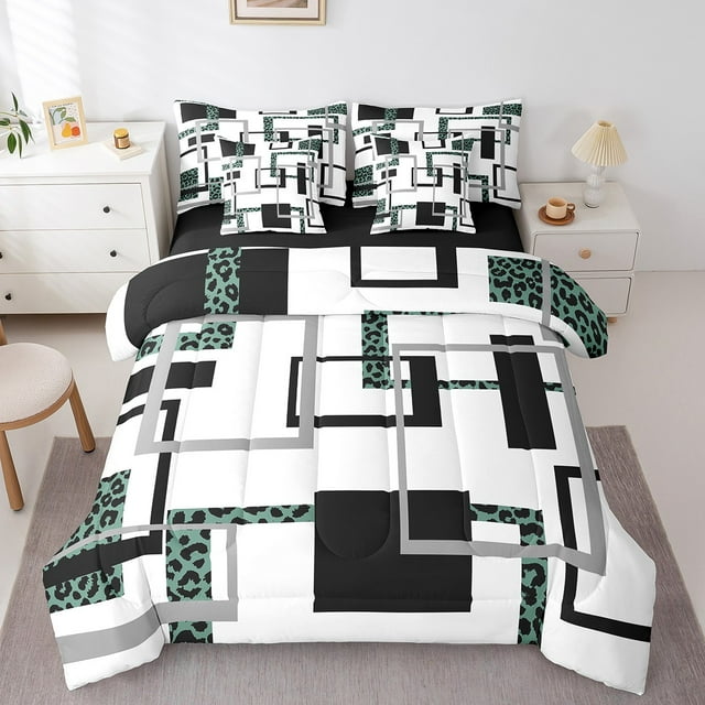 YST Ensemble de Literie Moderne Style Ferme, Noir Gris à Rayures 7 Pcs Ensemble de Couette Simple, Ensembles de Literie Géométriques, Ensembles de Lit Réversibles Motif Léopard avec Drap Plat et Drap-Housse, Couvre-Oreillers