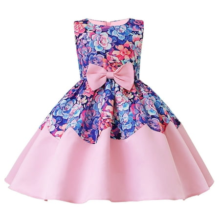 

Child Girls Sleeveless Pageant Dress Birthday Party Kids Floral Prints Bowknot Gown Princess Dress Cat Dress for Girls 4t Girl Dress