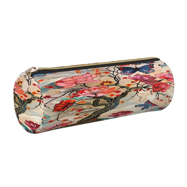Disketp Butterflies And Flowers Painting Estuche Organizador de Lápices de Cuero, Estuche de Oficina con Cremallera para Bolígrafo y Lápiz