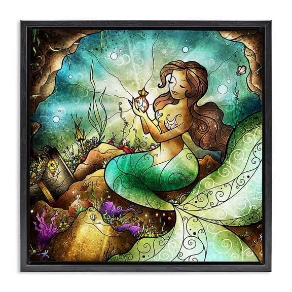 Stupell Industries Detailed Nouveau Mermaid Fantasy & Sci-Fi Painting Black Floater Framed Canvas Art Print Wall Art, 18 x 18