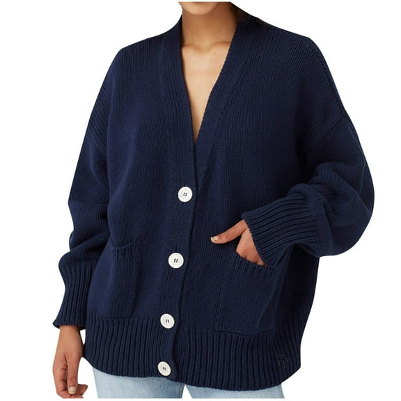 JGGSPWM Womens Solid Button Down Cardigans Sweaters Flattering Jumper Long Sleeve Comfy Sweater Classic Pullover V Neck Sweaters Dark Blue XL