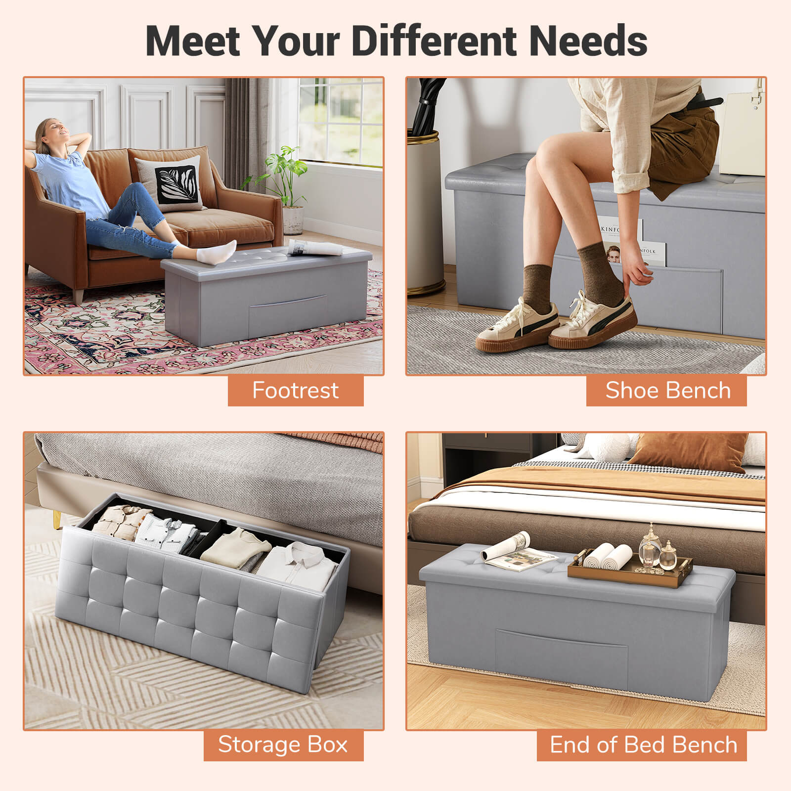 Costway 43 Inches Folding Storage Ottoman Bench with Side Pocket Storage Chest Dark Gray