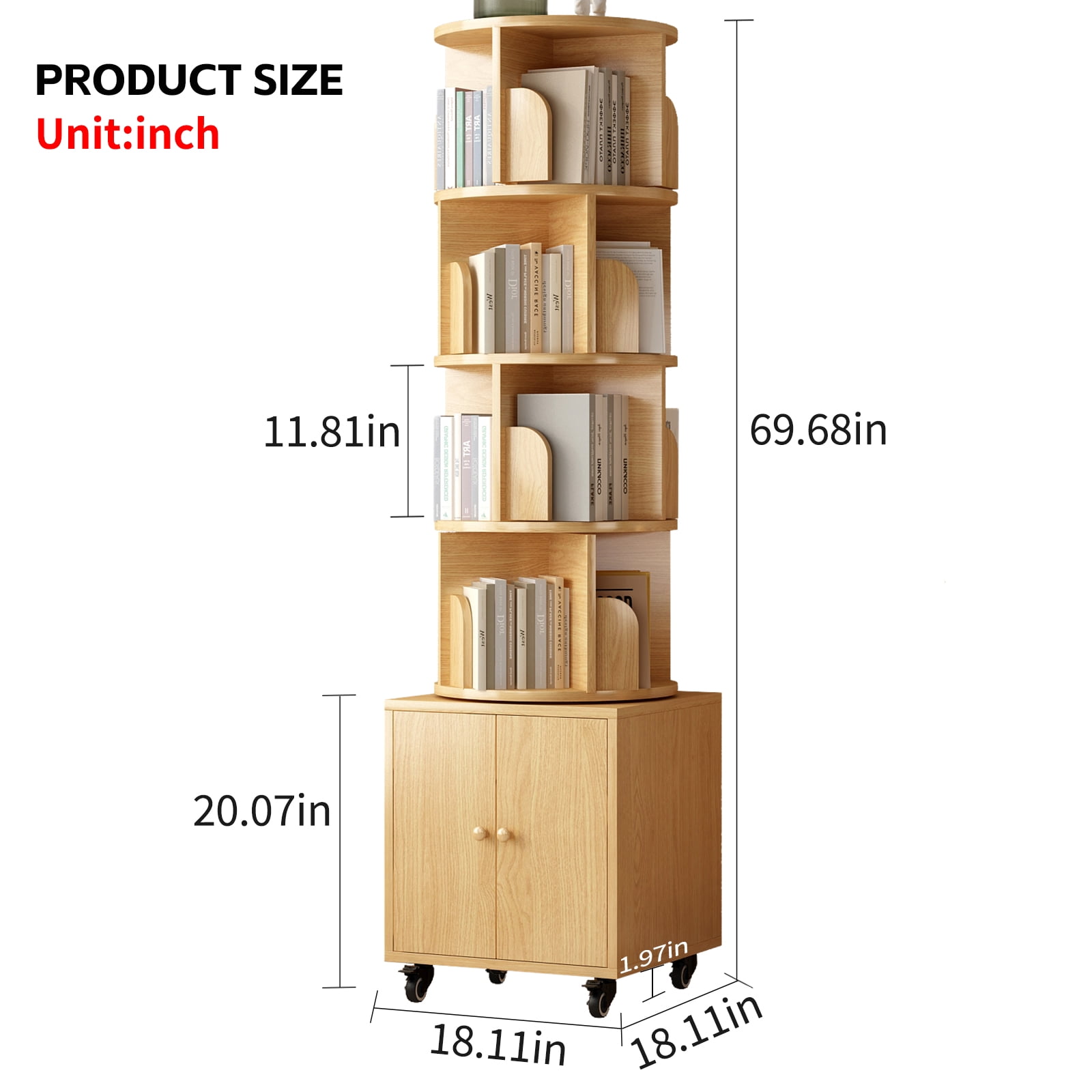 Rotating Bookshelf, 5 Tier Corner Bookcase with Storage Drawer and 360-Degree Rotation, Wood Construction for Home Decor, Natural Wood Finish