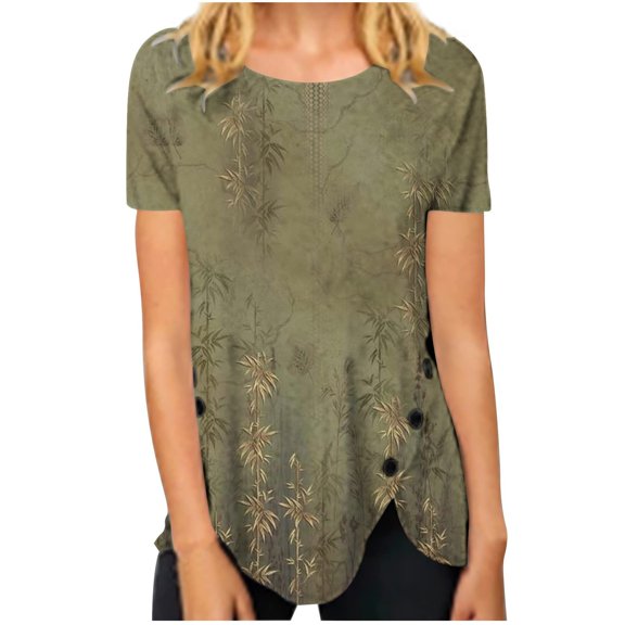T Shirts For Women Womens Tops Summer Round Neck Retro Flower Print Irregular Hem Loose Casual Top
