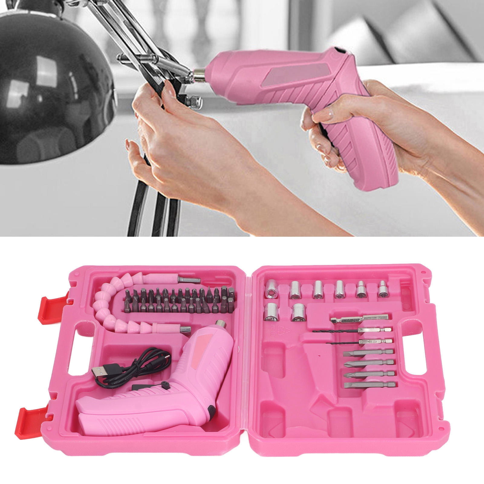 Yajisi Electric Screwdriver Set 48PCS Pink Cordless Power Drill USB Rechargeable 180 Degree Rotatable with LED Light for Home Repair Maintenance 9.8 x 7.5 x 2.8 in