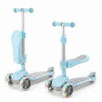 3-Wheel Kick Scooter for Kids Ages 2-10, 2-in-1 Scooter with Swivel Seat, Flashing Wheels, Light-Up Deck, 4 Adjustable Heights, Lean to Steer, Suitable for Boys & Girls, Blue