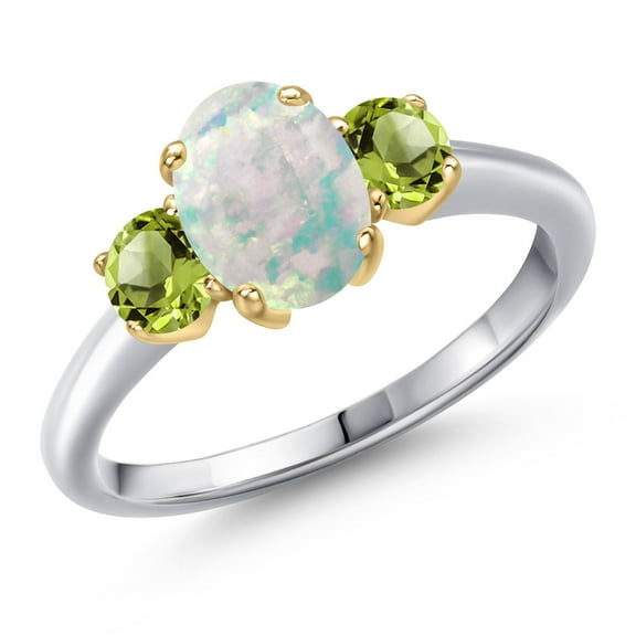 Gem Stone King 925 Silver and 10K Yellow Gold Simulated White Opal and Green Peridot Engagement Ring for Women | 1.60 Cttw | Oval Cabochon 8X6MM | Gemstone October Birthstone | Size 5