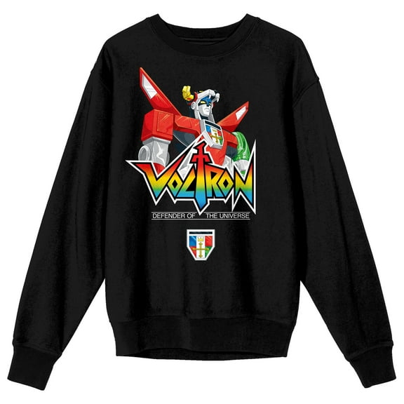Voltron Defender Of The Universe Robot & Logo Crew Neck Long Sleeve Black Adult Sweatshirt-Medium