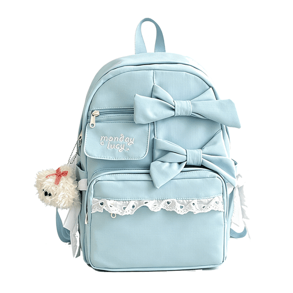 LNMQLPDBS Cute Bow Lace Decorated Casual Backpack with Plush Pendant Lightweight Water Resistant Daily Travel Laptop Backpack for School Commute Work Outdoor Travel