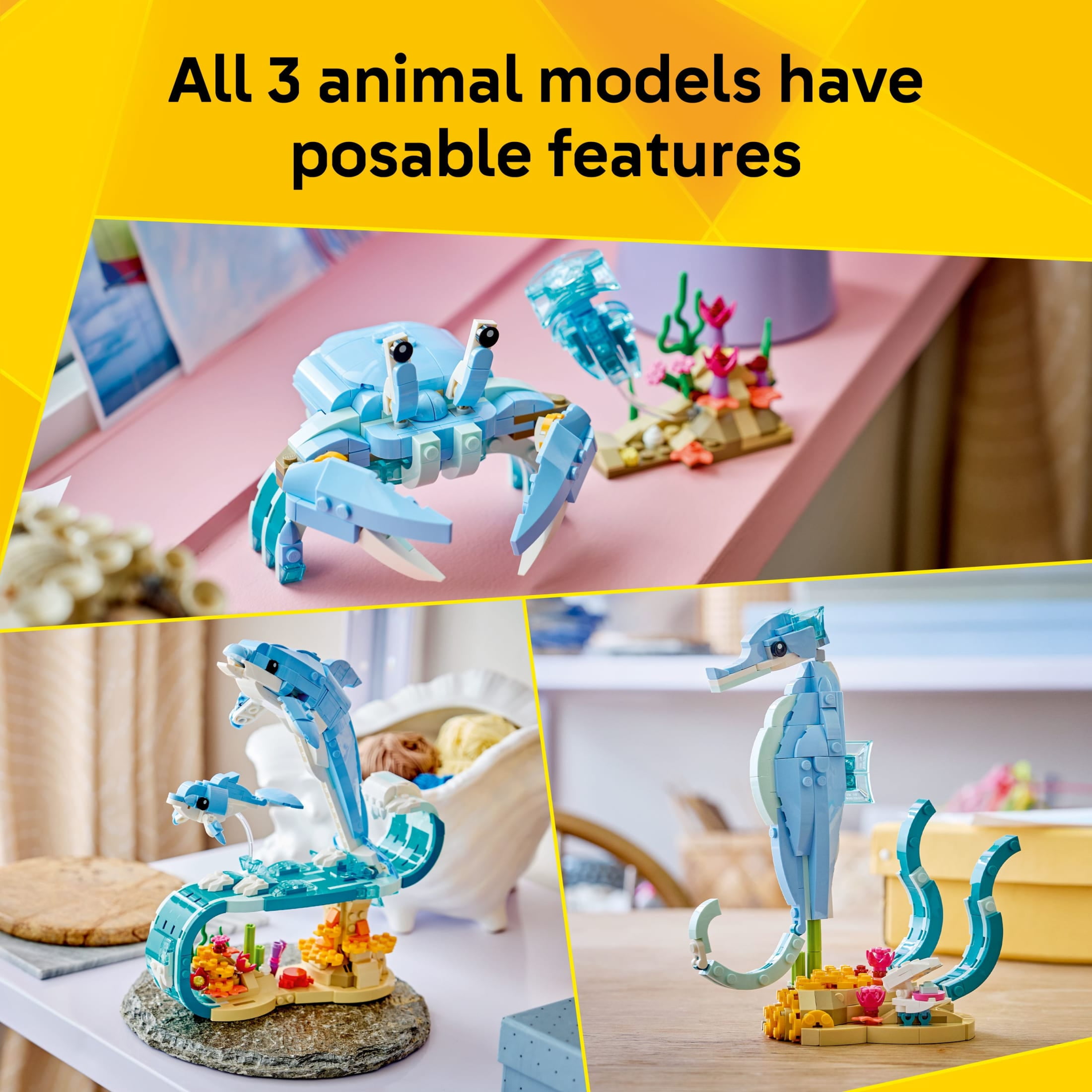 LEGO Creator 3 in 1 Sea Animals: Beautiful Dolphins Building Toy for Girls, Boys, Ages 8+ - Birthday Gift for Kids - Build a Dolphin, Seahorse, or Crab Animal Figure - 31385