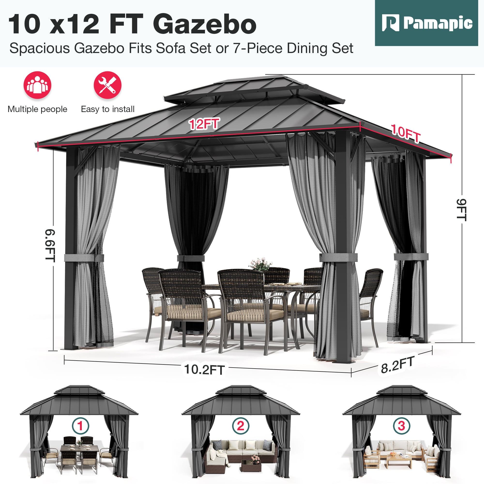 Pamapic 10x12 FT Hardtop Gazebo, Galvanized Steel Double Roof Outdoor Pavilion with Breathable Netting and Privacy Curtain, Black for Patio, Backyard, Deck, Lawn