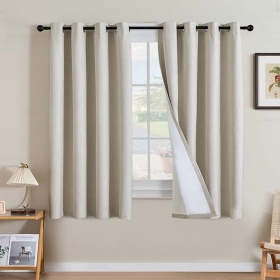 Linen Curtains 100% Blackout Curtains for Bedroom 63 inch Long Full Light Blocking Nature Linen Blended Window Curtains for Living Room Nickel Grommet (2 Panels, Heathered Linen)
