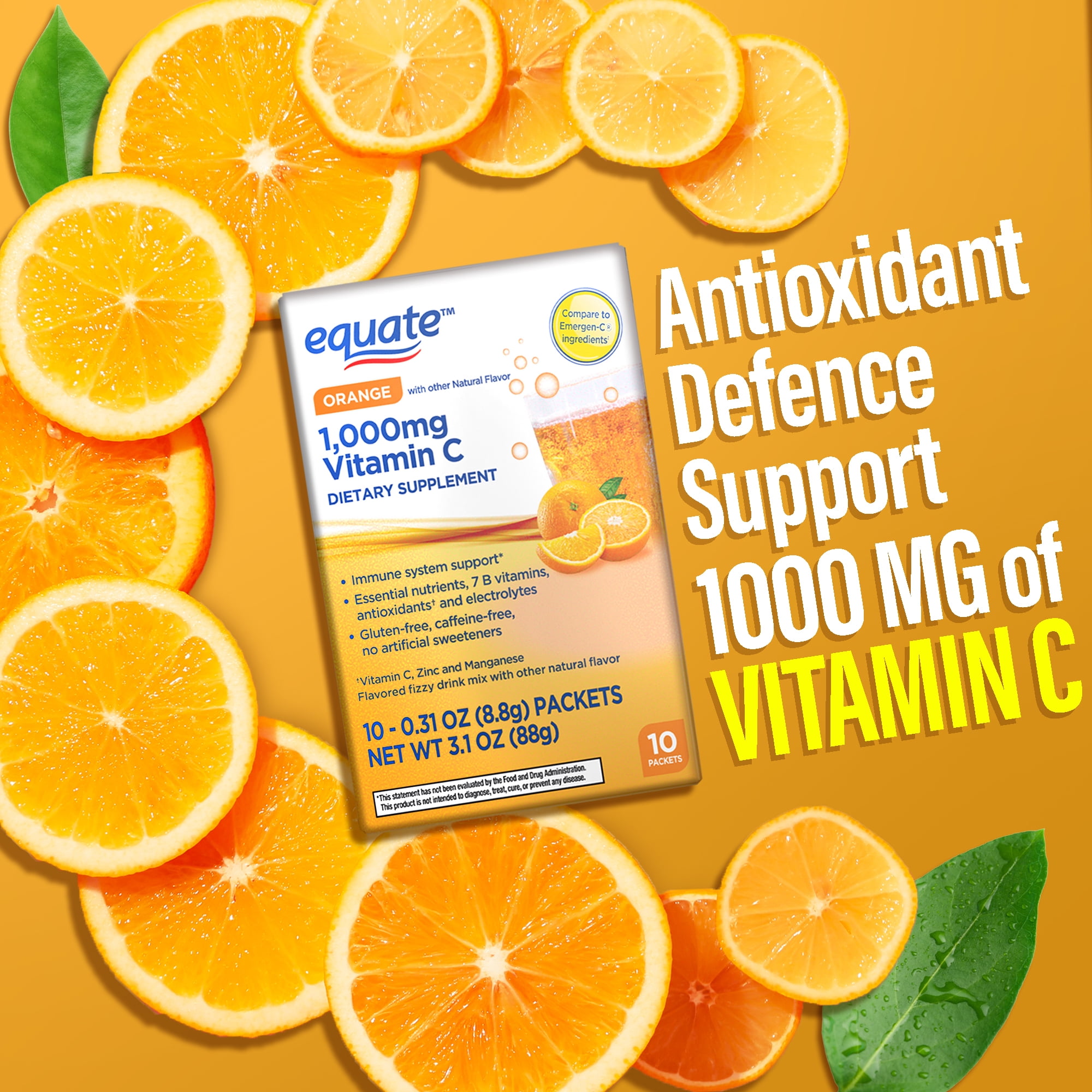 Equate 1000 mg Vitamin C Dietary Supplement Powder Packets, Orange Flavor, 10 Count, Compare to Emergen-C® Ingredients