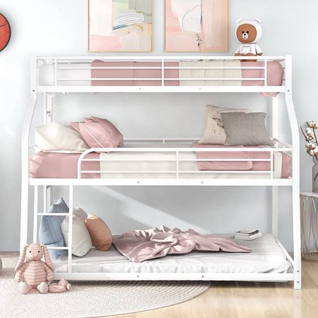 Harper & Bright Designs Twin XL XL Over Queen Metal Triple Bunk Bed Frames with Built-in Ladder and Full-Length Safety Guardrails, No Box Spring Needed Platform