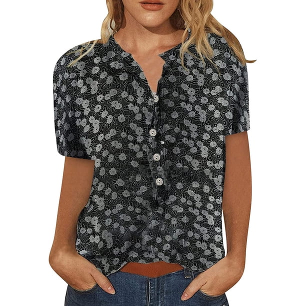 Blusa Femenina VISgogo Patrones Estampados Camisa de Manga Corta con Botones S/M/L/XL/XXL